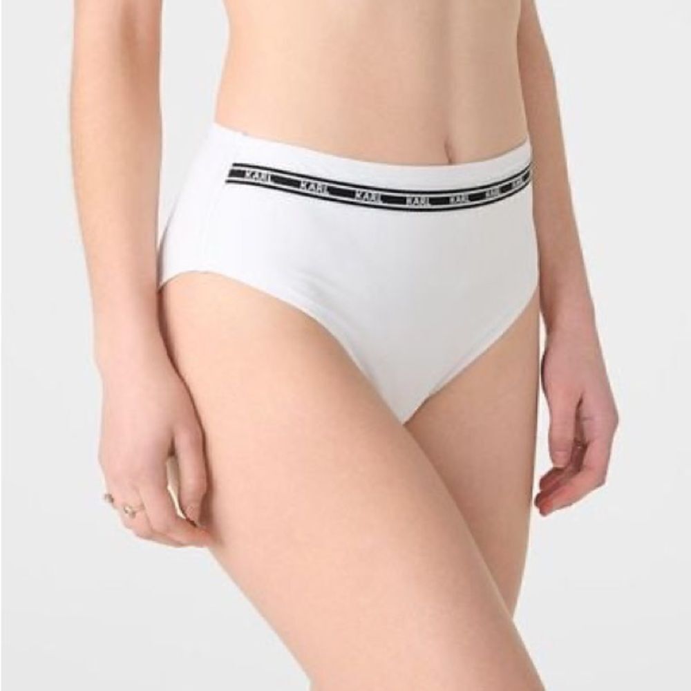 NWT- KARL LAGERFELD-white logo high-waisted full coverage bikini bottoms-Size XL